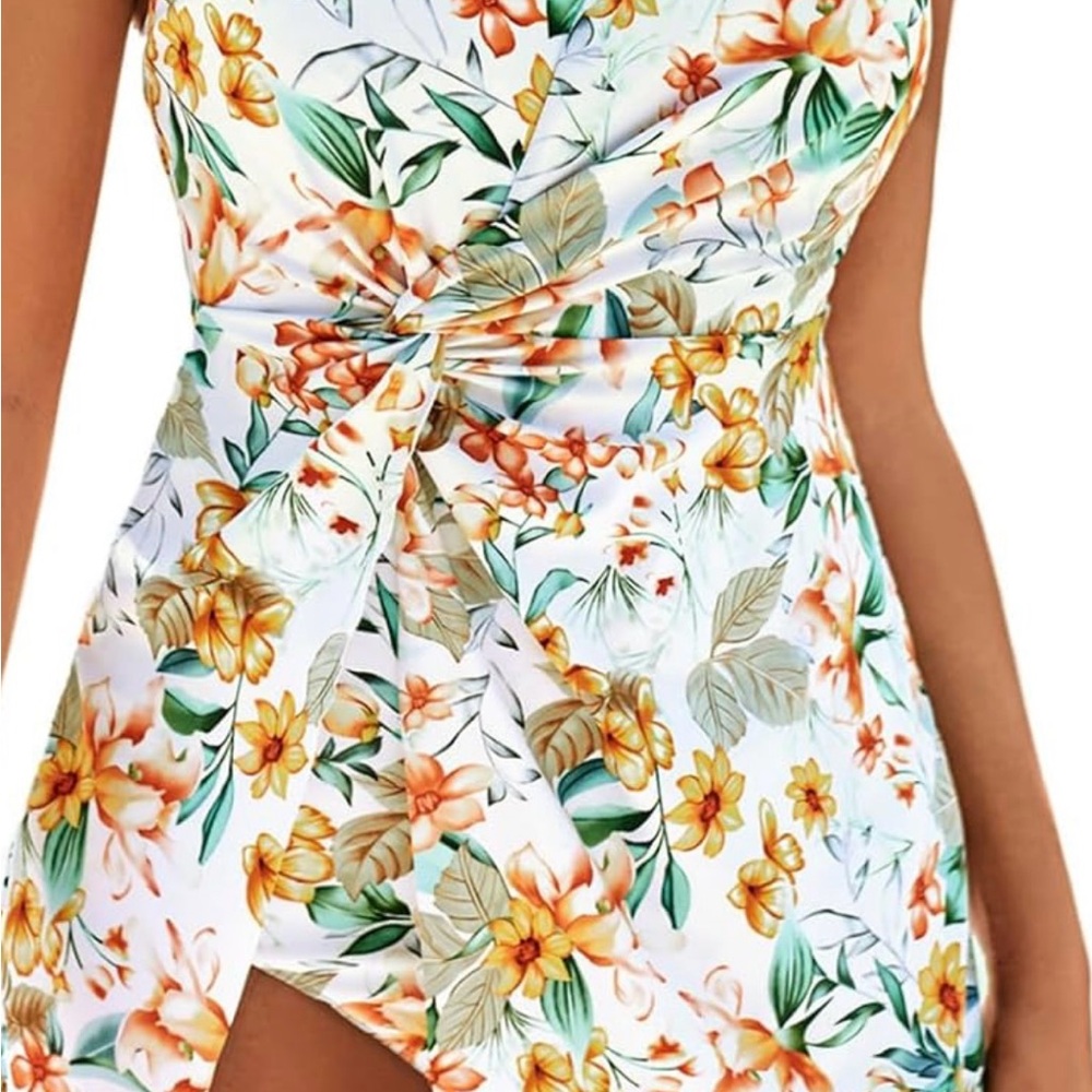 Grace Karin Orange and Green One Piece Swimsuit with Tropical Floral Design
